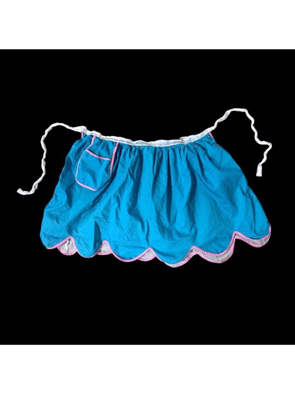 Vintage Apron Handmade Blue Pink Scalloped Pocket Adjustable Ties Mid Century - Picture 2 of 8